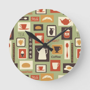 Reloj Redondo Mediano Patrón retro con platos de cocina para el desayuno