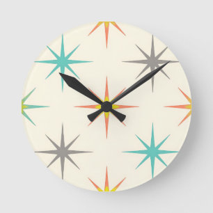 Reloj Redondo Mediano Patrón Retro Starburst de Mitad de Siglo