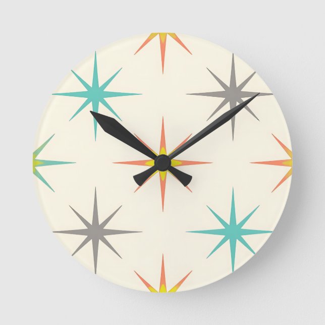 Reloj Redondo Mediano Patrón Retro Starburst de Mitad de Siglo (Anverso)