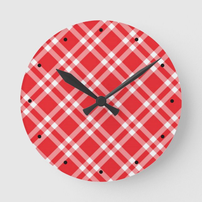 Reloj Redondo Mediano Patrón rojo de Gingham (Anverso)