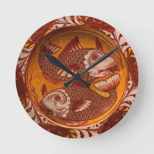 Reloj Redondo Mediano Patrón rojo y amarillo Pescado antiguo Natación Cl
