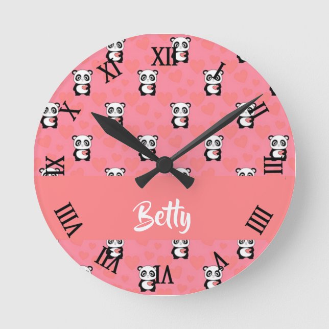 Reloj Redondo Mediano Patrón rosa de amor panda (Anverso)