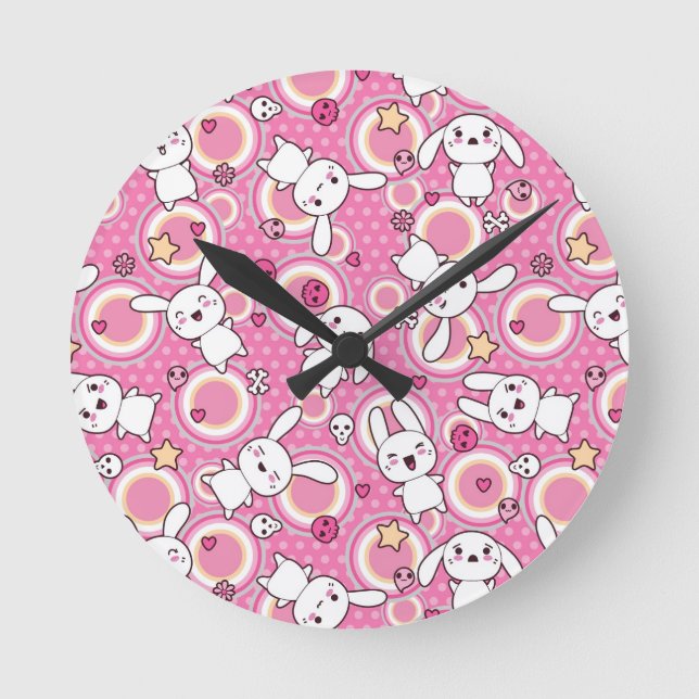 Reloj Redondo Mediano patrón rosa kawaii (Anverso)
