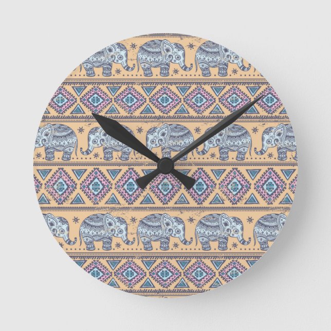 Reloj Redondo Mediano Patrón tribal de elefantes étnicos azules (Anverso)