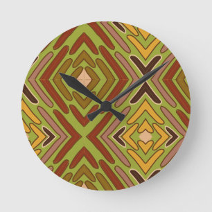 Reloj Redondo Mediano Patrón Tribal Étnico Rojo Verde Dorado