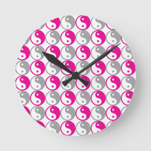 Reloj Redondo Mediano Patrón yin yang gris y rosa