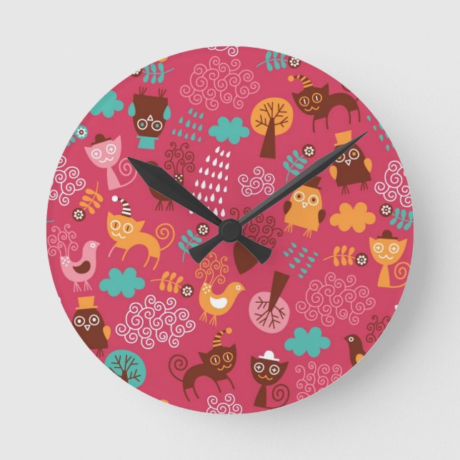Reloj Redondo Mediano Pattern with cute birds and cats (Anverso)