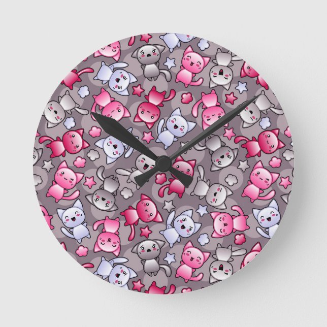 Reloj Redondo Mediano pattern with cute kawaii doodle cats (Anverso)