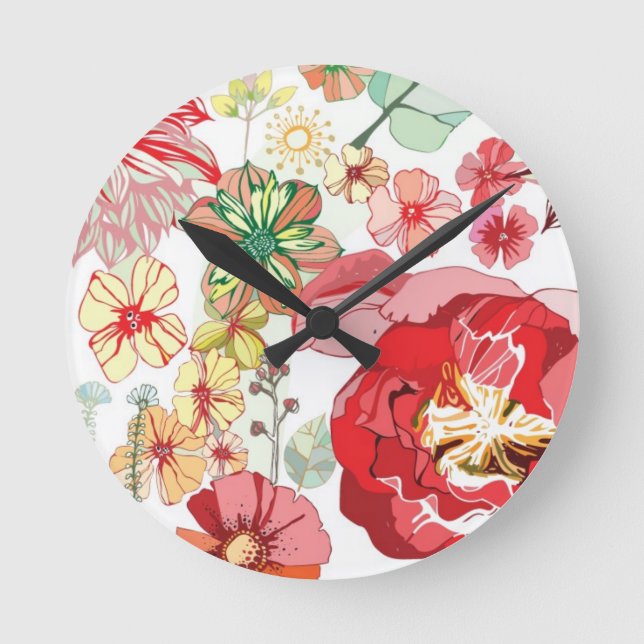 Reloj Redondo Mediano Pattern with red flowers (Anverso)