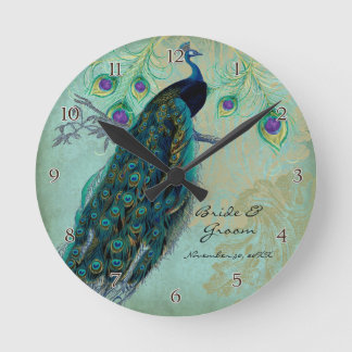 Reloj Redondo Mediano Pavo real antiguo y boda personalizada aguafuertes