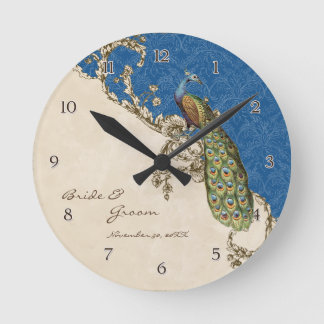 Reloj Redondo Mediano Pavo real del vintage y boda personalizada
