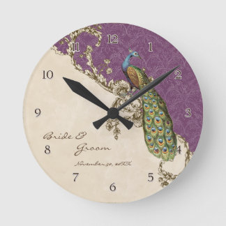 Reloj Redondo Mediano Pavo real del vintage y boda personalizada