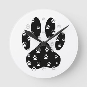 Reloj Redondo Mediano Paws Blancos Sobre La Papelera Negra