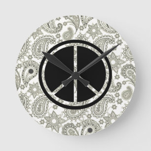 Reloj Redondo Mediano Paz negra y Paisley en blanco