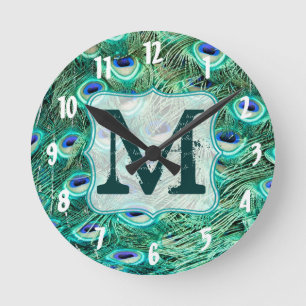Reloj Redondo Mediano Peacock Bird Feather Monogram First Wall Clock