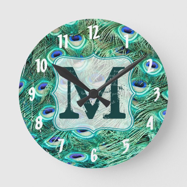 Reloj Redondo Mediano Peacock Bird Feather Monogram First Wall Clock (Anverso)