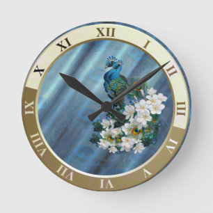 Reloj Redondo Mediano Peacocks de color azul verde metálico sobre seda v
