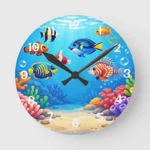 Reloj Redondo Mediano Peces Tropicales en Pecera 