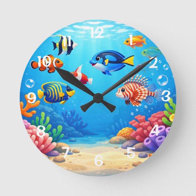 Reloj Redondo Mediano Peces Tropicales en Pecera  (Anverso)
