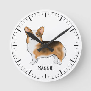 Reloj Redondo Mediano Pembroke Welsh Corgi Tricolor de Cabeza Roja y Nom