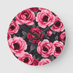 Reloj Redondo Mediano Peonía floral vintage rosa oscuro dramático