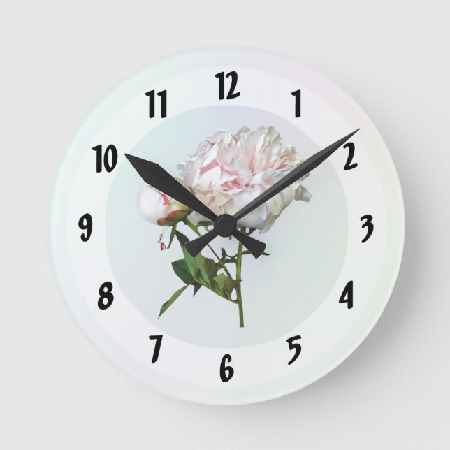 Reloj Redondo Mediano Peonía Rosa Pálido y Capullo (Anverso)