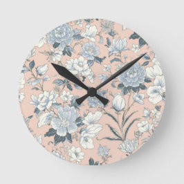 Reloj Redondo Mediano Peonías Azules Floral Vintage Botánico Melocotón
