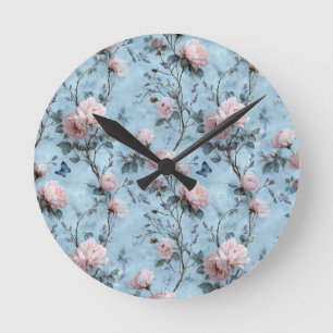 Reloj Redondo Mediano Peonías primaverales vintage sobre azul