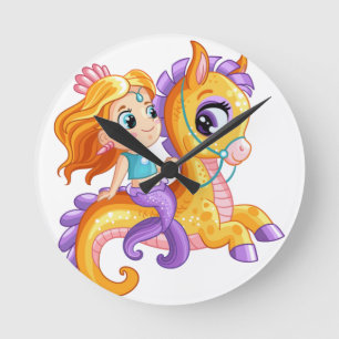 Reloj Redondo Mediano Pequeña sirena personalizado en un caballito de ma