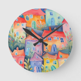 Reloj Redondo Mediano Pequeñas casas pasteles de color suave, de color p