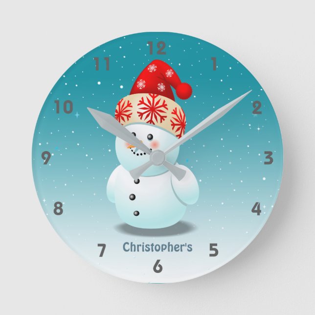 Reloj Redondo Mediano Pequeño y lindo hombre de nieve con Gorra Navidad (Anverso)