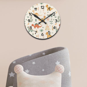 Reloj Redondo Mediano Pequeños Dinosaurios Tonos Neutrales Beige