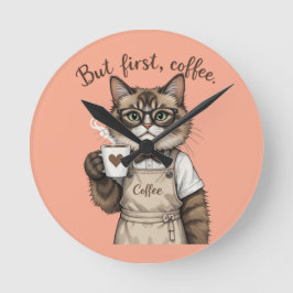 Reloj Redondo Mediano Pero Primero, Gato Café