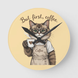Reloj Redondo Mediano Pero Primero, Gato Café