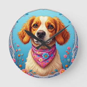Reloj Redondo Mediano Perrito Adorable Enmarcado por Flores Coloridas
