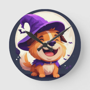 Reloj Redondo Mediano Perro adorable con sombrero de bruja