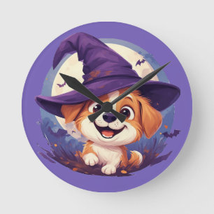 Reloj Redondo Mediano Perro Adorable con Sombrero de Bruja