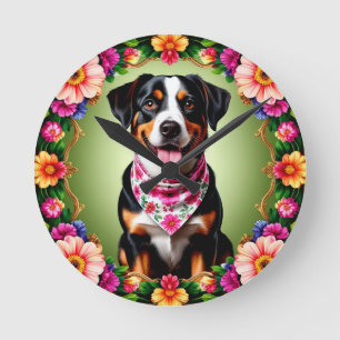 Reloj Redondo Mediano Perro Adorable Enmarcado por Flores Coloridas