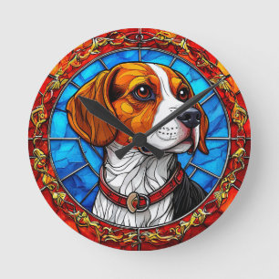 Reloj Redondo Mediano Perro Beagle en Vibrante Arte de Vidrio Pintado