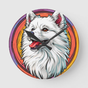 Reloj Redondo Mediano Perro blanco esponjoso en estilo de arte vibrante