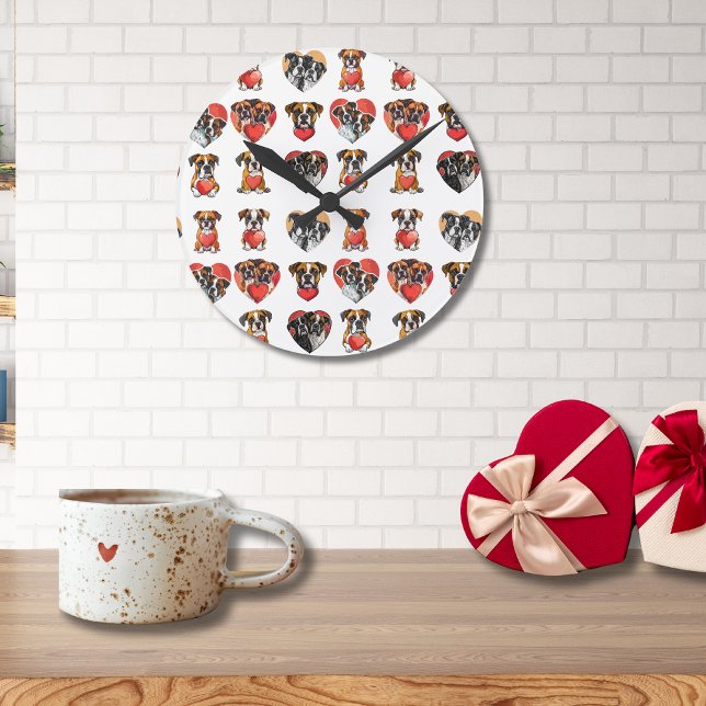 Reloj Redondo Mediano Perro boxer romántico y Valentine cardíaco (Romantic Boxer Dog and Heart Valentine Round Clock)