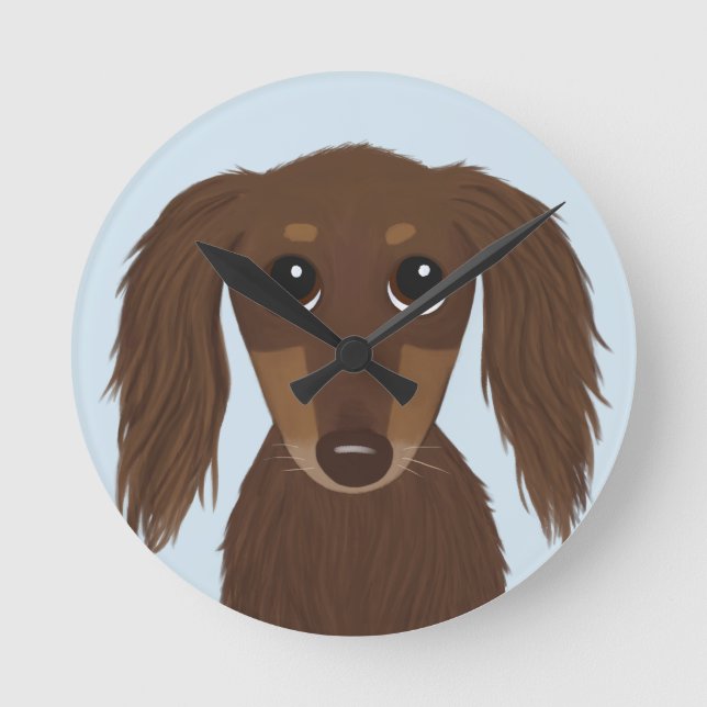 Reloj Redondo Mediano Perro Dachshund Chocolate Brown lindo de pelo larg (Anverso)