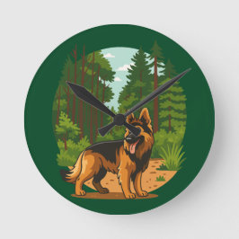 Reloj Redondo Mediano Perro de aventura Pastor Alemán en el bosque 