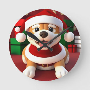 Reloj Redondo Mediano Perro de caricatura lindo con traje de Papá Noel