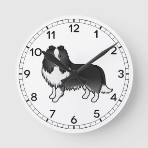 Reloj Redondo Mediano Perro de dibujos animados Bi-Black Shetland Sheepd