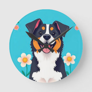 Reloj Redondo Mediano Perro de dibujos animados rodeado de flores