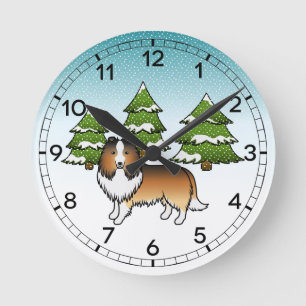 Reloj Redondo Mediano Perro de pastor de Shetland sable en un bosque inv