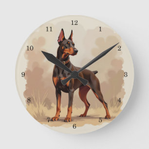 Reloj Redondo Mediano Perro Doberman Pinscher Marrón Óxido Rojo