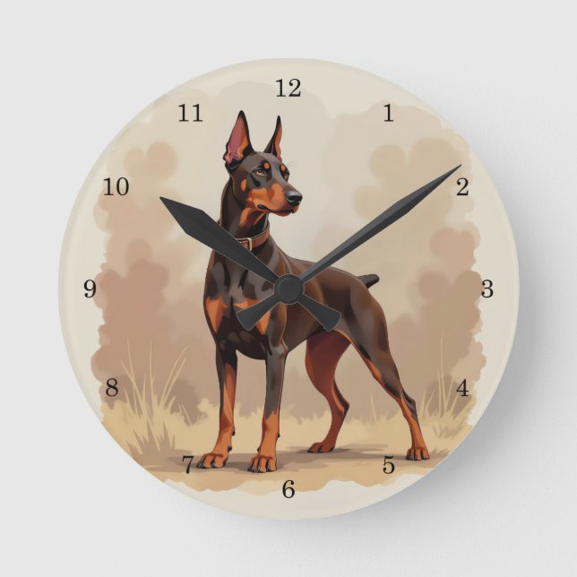 Reloj Redondo Mediano Perro Doberman Pinscher Marrón Óxido Rojo (Anverso)