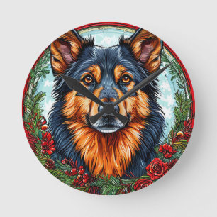 Reloj Redondo Mediano Perro festivo en una corona floral de Navidad
